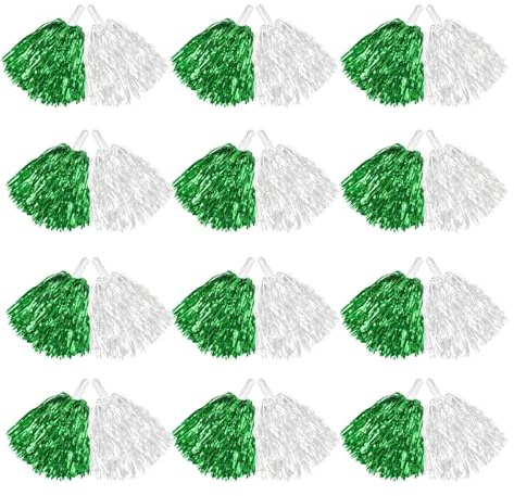 Cheerleader-Pompons mit Griff, 20 g, Cheerleader-Pompons für Party, Dekorateure, Club, Sport, Jubelball für Erwachsene und Kinder (Grün B und Weiß, 12 Stück)