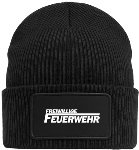 Huuraa Beanie Freiwillige Feuerwehr Geschenk | Black Geschenkidee Schwarze Rippstrick Wintermütze mit austauschbarem Klett Patch