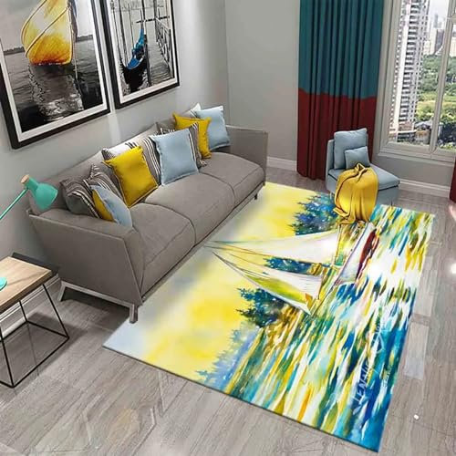 Ölgemälde Segelboot Sonnenuntergang Meereslandschaft Weicher Esszimmerteppich Im 3D-Druck 60 X 120 Cm - Rutschfester Teppich Mit Niedrigem Flor - Heimtextilien-Fußmatte - Anti-Flecken, Fu -96183885303