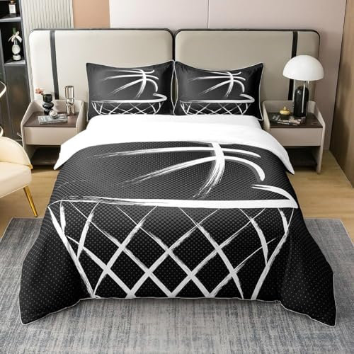 richhome King Basketball 100% Cotton Bedding Set, Zipper Quilt Cover, Basketball Sports Duvet Cover for Kids Toddler Soft Lightweight Quilted Duvet Set with 2 Pollowcases Black