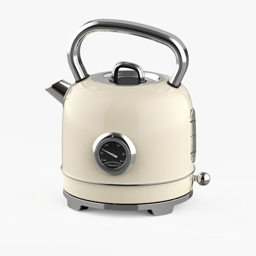 GEEPAS Electric Kettle | Vintage Cordless Stainless Steel Rapid Boil for Hot Water Tea Coffee | Auto Shut-Off 360° Swivel Base Temp Gauge Boil Dry Protection | 2 Yr Warranty 1.8L 3000W Retrovive Cream
