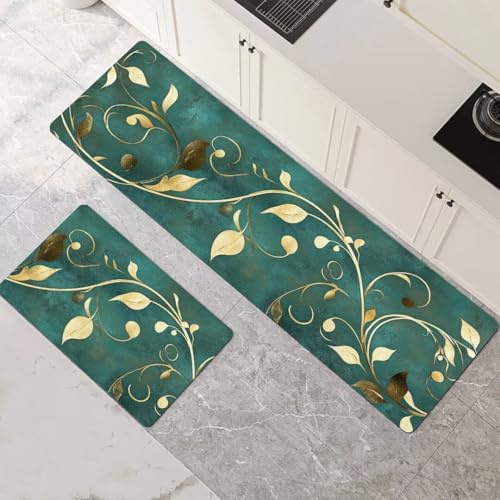 Küchenteppich 2 Stück, Absorbierende Küchenmatte Grün Küchenläufer Rutschfest Waschbar Teppich Küche Läufer Flur Bodenmatte, Lang Carpet Rug für Küchen, Badezimmer Home Decor 80x120cm+80x240cm 1-91