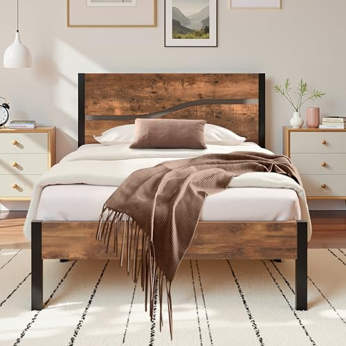 VECELO Bettgestell 90 x 200 cm Bettrahmen aus Metall mit Lattenrost, Einzelbett Metallbett mit Dick Holzkopfteil, Vintage Gästebett Jugendbett, Perfekt für Schlafzimmer, Braun
