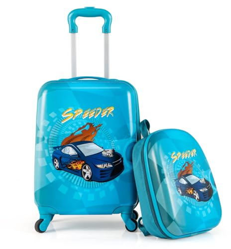 COSTWAY Juego de 17 Maleta Cabina Infantil con 13 Mochila Rígida, Maleta Viaje Niños con Ruedas Universales, Equipaje de Viaje para Niños con Mango Ajustable (Coche)
