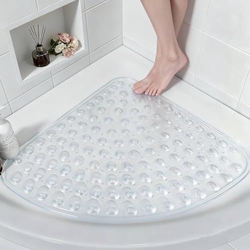 Duschmatte rutschfest Dreieckig 70x70 cm, PVC Viertelkreis Antirutschmatte Dusche mit Saugnäpfen, Groß Duscheinlage rutschfest mit Ablauflöchern, rutschmatte Dusche für Senioren, Transparent