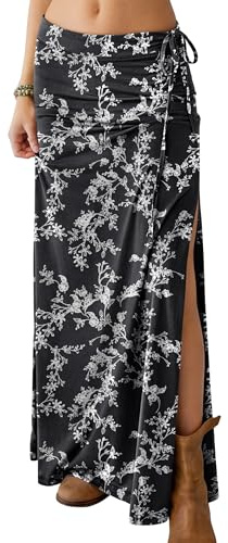 ANRABESS Womens High Waisted Side Slit Maxi Skirts, Floral Black, L