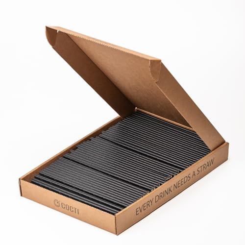 Cocti papperssugrör – otroligt hållbara sugrör! 100 % biologiskt nedbrytbar, utan irriterande papperssmak, lämplig för kalla drycker – 200 mm x 6 mm, svart, 300 st.