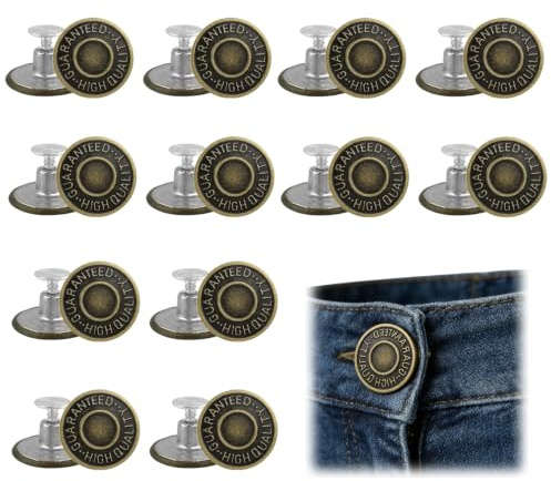 12PCS Jeans Buttons, 20mm Brass Tack Fasteners with Aluminium Back Pins, Metal Replacement Buttons for Jeans, Trousers, Pants, Jackets, Skirts and Clothing Repair, Bronze