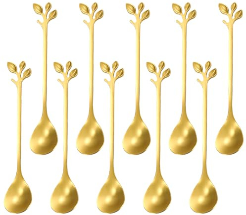 10Pcs Gold Leaf Shape Coffee Spoons, Food Grade Stainless Steel Mini Demitasse Espresso Spoons for Home Coffee Bar Dessert Tea Honey (12cm)