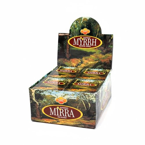 AROMASENSES | Conos de Incienso Sac Mirra | Caja Completa 12 Cajitas de 10 Conos | Incluye Quemador de Conos | Aroma Resinoso | Ritual y Meditación