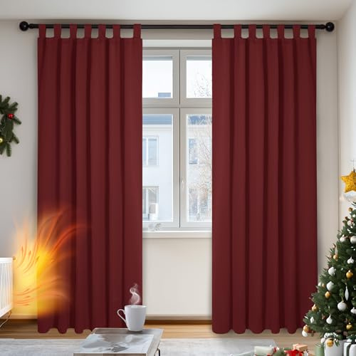 Deconovo Mörkläggningsgardin ogenomskinliga öglor för värmeisoleringsgardiner, 245x140 cm (H x B), röd, uppsättning om 2