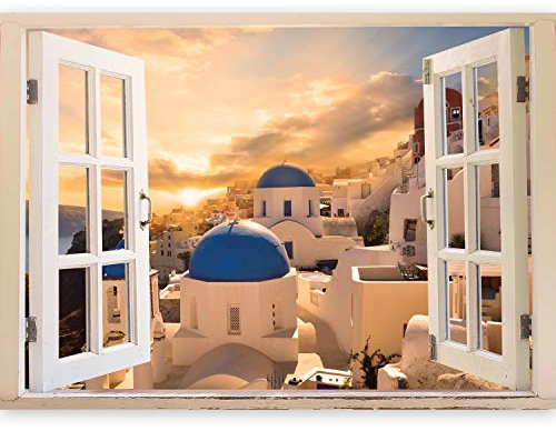 murando ILLUSIONE OTTICA 3D Carta da parati sulla fliselina Carta da parati in TNT Quadri murali Fotomurale Finestra Mare Cittadina 70x50 cm