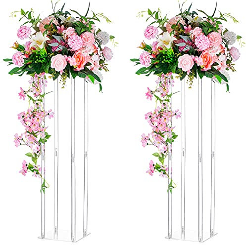 Nuptio 2 Pezzi Centrotavola Matrimonio Vaso 80cm Altezza Fiori Acrilici Vaso Terra Colonna Composizione Floreale Supporto Geometrico Rettangolare Espositore per Matrimoni Decorazione Festa
