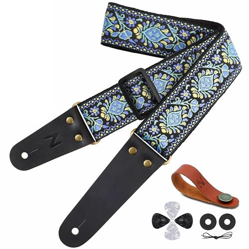 Tracolla Chitarra (Fiore Azzurro) - Cinghia di Cotone Ricamato Vintage con Estremità in Vera Pelle per Basso, Chitarre Elettriche e Acustiche, Miglior Regalo per Bambini, Uomini e Donne Chitarristi