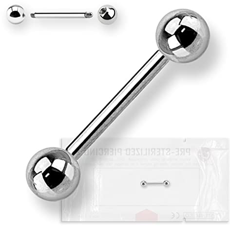 WARRIOR Piercing para la lengua estéril, barras barbell de titanio G23, tamaño 14 g (1,6 mm) con dos bolas, paquete individual pieza PTL-001, lunghezza 16 mm, Titanio