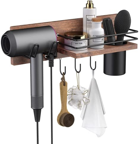 RoleDes Wooden Hair Dryer Holder Wall Mounted, Bathroom Hair Tool Organizer, Blow Dryer Holder Shelf, Curling Iron and Hair Styling Tools Organizer
