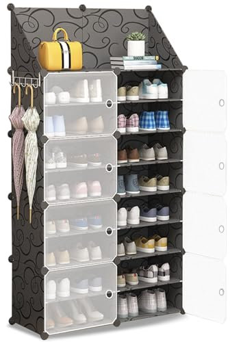 HOMCENT Schuhregal mit Türen, Erweiterbarer Stand Schuhschrank für 16-32 Paar Schuhe, Hausschuhe, Kunststoff Schuhregale für Flur Schlafzimmer Eingang, 2x8 Etagen