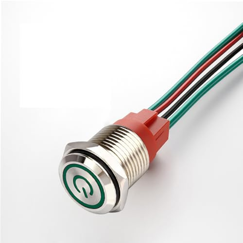 GUUZI Interruptor de Botón de Enclavamiento NO Luz LED Verde a Prueba de Agua Iluminado 19mm 12V-24V/15A Botón de Arranque de Energía de Metal con Cable de Enchufe