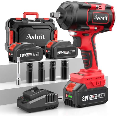 Avhrit Avvitatore a Impulsi con 2X 4000mAh Batteria, 1000Nm/738Ft-lbs Coppia Elevata Avvitatori a Massa Battente, 2400 giri/min, 4 Bussola, 5-pollice Barra di Estensione per Auto di Famiglia, Camion