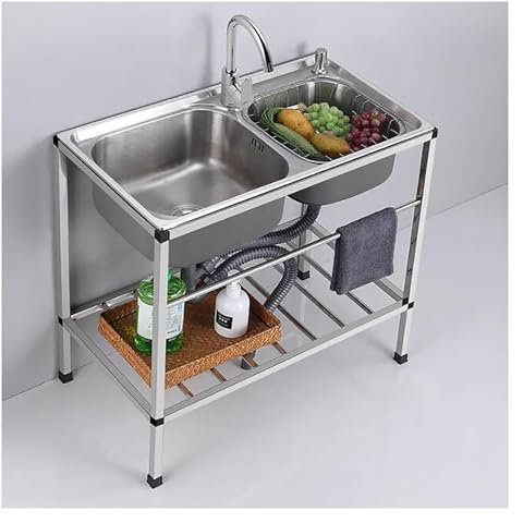 Küchenspüle mit Ablagefächern und Wasserhahn, Spültisch Edelstahl 2 Becken Multifunktions waschtisch Freistehende Spülbecken für Innen Außenbereich Rechteckige Spüle für Catering