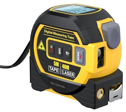 ODIKALA Ruban à mesurer laser 3 en 1, ruban à mesurer laser 40/60m, ruban à mesurer 5 mètres avec bouton multifonction, fonction de mémorisation des données, écran LCD HD (40m Jaune)