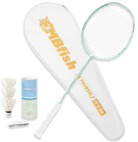 MBFISH Badmintonschläger-Set mit 2 Kohlefaser-Schlägern, 3 Federbällen, 2 Ersatz-Griffbändern und 1 Tragetasche, perfekt für Outdoor-Spiele und Fitnessstudio, 5U, Grün