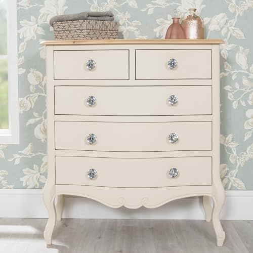 Juliette 2 over 3 Chest of Drawers | French Style 5 Drawer Chest in Champagne | Crystal Handles | Assembled Bedroom Furniture (BRF-027-C-DCH)