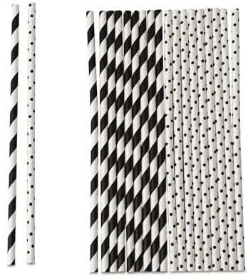 ECOFIESTA 60x Strohhalme Papier 20 cm, Ø 0,6 cm schwarz-weiß gemustert - biologisch abbaubare Papierstrohhalme nachhaltiger Forstwirtschaft