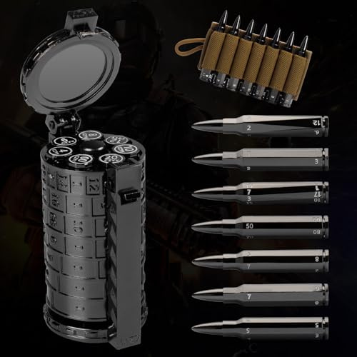 CZYY Gewehrkugel-Würfel-Set, solides Metall, 7 polyedrische Drehbehälter, Koffer und Patronenhaltergürtel, perfektes Rollenspiel-Set für D&D, Tischspiele (schwarz)