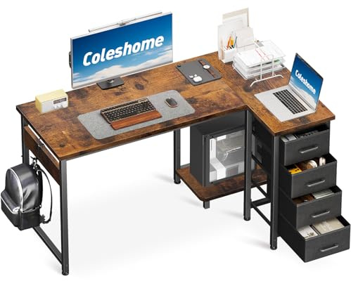 Coleshome Hörnskrivbord, L-format skrivbord med 4 lådor, Vändbart databord för kontor/sovrum (Vintage brun, 120x70cm)