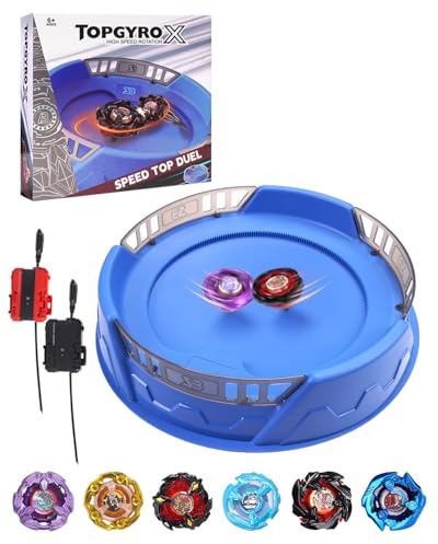 X Trottola Stadio Set da Battaglia con X Acceleration Rail, 6 trottole giocattolo e 2 lanciatori e 1 arena, arena da combattimento per bambini dai 6 anni in su, gioco Battling Xtreme, blu