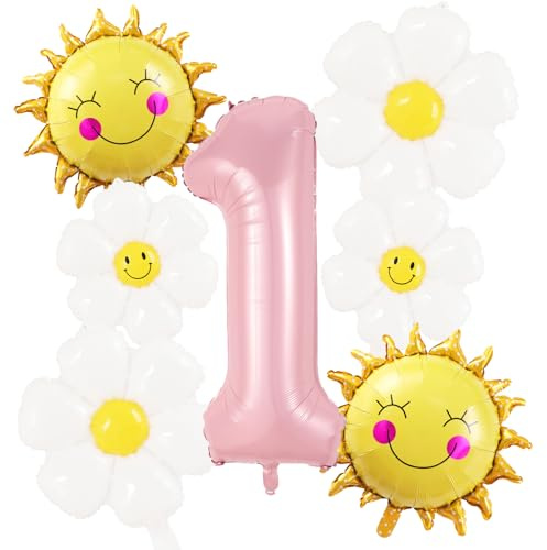 Koboko Luftballon Deko 1. Geburtstag Mädchen, 7 Stk Folienballon Gänseblümchen Geburtstagsdeko 1 Jahr Mädchen, Sonne Luftballons Geburtstag 1 Jahr, Blumen Helium Ballon Erster Geburtstagsdeko