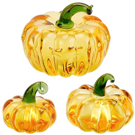PH PandaHall 3pcs Crystal Pumpkin Collectible Figurines 3 Sizes Glass Pumpkin Paperweight Gold Tabletop Display Decorative Pumpkins Ornaments for Fall Thanksgiving Harvest Home Office Desk Decor Gift