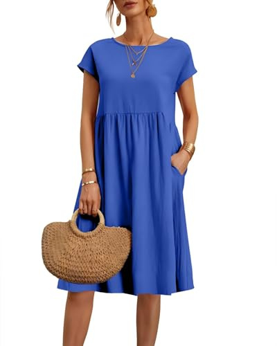 2025 Vestidos de mujer de verano con cuello redondo y manga corta, vestidos casuales cómodos de lino transpirable, elegantes de color sólido, vintage, vestido bohemio, vestidos hasta la rodilla anchos
