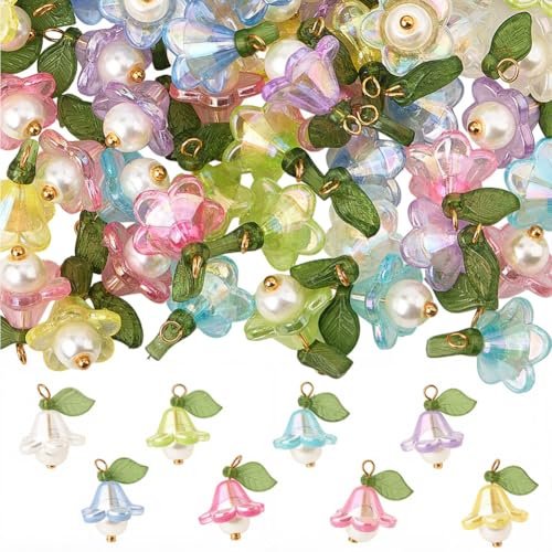 SUNNYCLUE 1 Caja de 80 Colgantes de Flores de Campana de 8 Colores, Acrílicos, de Orquídea, Trompeta, Primavera, de Plástico, Coloridos, para Hacer Joyas, Manualidades, Collares Y Pendientes.