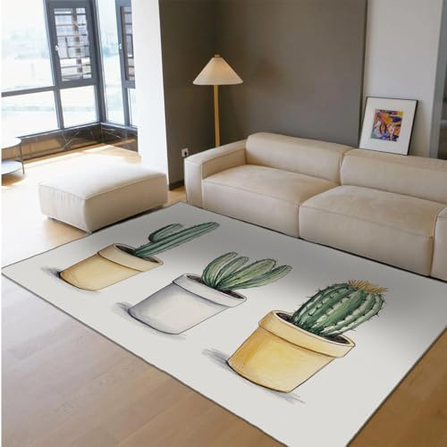 UERWOWELL Cozy Spaces Area Rug Minimalist Potted Plants Green Cactus Yellow Flower Print Non Slip Thin Carpets for Living Room Bedroom 120x150cm