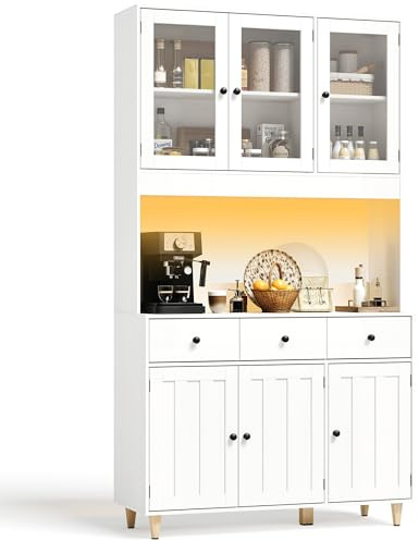 Blishom Credenza Cucina Alta,Mobile Dispensa Cucina con piano di lavoro e 3 cassetti,multipresa e striscia luminosa a LED,Cucina,Soggiorno,100x38x180cm,Bianco