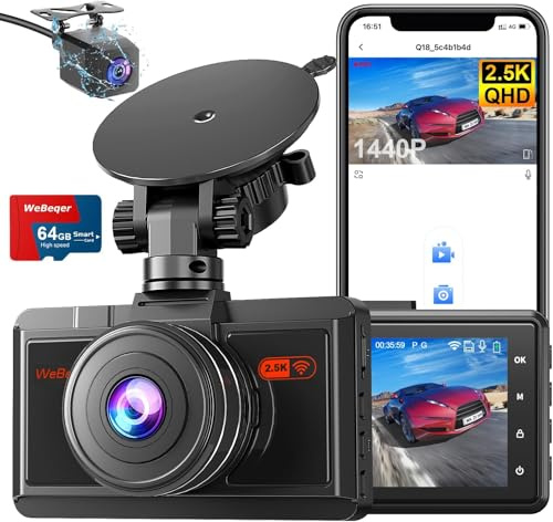 Dashcam, Dash CAM Coche 2.5K+1080P, WiFi Camara Vigilancia Coche con Tarjeta SD 64GB, Camara Coche Grabadora 170° Gran Angular, Visión Nocturn, Sensor G, Monitor de Aparcamiento, Grabación en Bucle