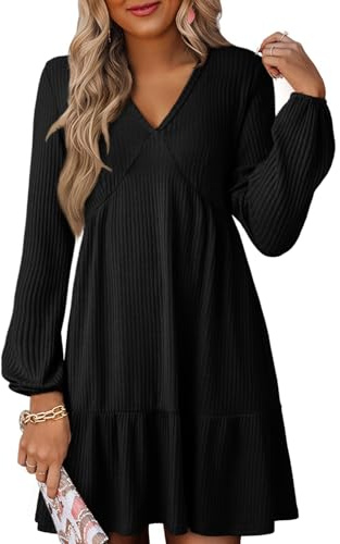 Dokotoo Women's Long Sleeve Dresses Casual V-Neck Dress for Women Fashion Elegant Empire Waist A Line Swing Womens Outfits Ribbed Knitted Elastic Autumn Ladies Pullover Minidress Black S