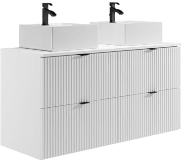 Vente-unique - Armario colgante estriado con lavabo cuadrado – Blanco mate – 120 cm – Zevini