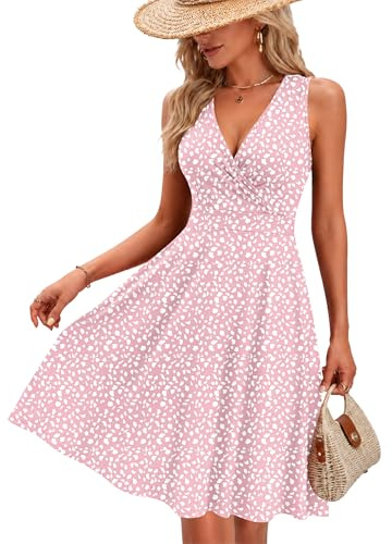 AUSELILY Vestido Mujer Verano Sin Mangas Vestidos Cuello en V con Bolsillos | Vestidos Playa Ajustado Sexy Playero Floral Informal Minivestido Elegante Leicht Corto Hasta la Rodilla