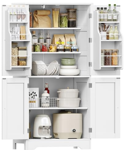 TEENFON Alacena de Cocina Alta y Despensa, Armario de 4 Puertas con 6 Estantes y 2 Compartimentos en la Puerta, Aparador y Mueble de Almacenaje Multiusos para Cocina, Salón, Comedor, 130 cm, Blanco