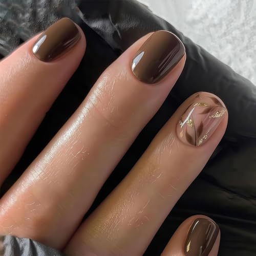 Vesavifaka Unghie Finte Corte Quadrate 24 Pezzi, Caffè Nude con Design a Foglia Dorata, Unghie Lucide Acriliche Adesive, Kit Unghie Finte Colla Gelatina Per Donne - Nail Art