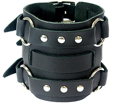 benerini Wide Triple Strap Leather Cuff Wrap Gothic Wristband Bracelet with Buckle Fastening - Black Leather