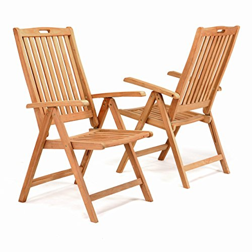 Divero Klappstuhl 2er Set Bilbao Teakholz Gartenstuhl Armehne klappbar | Massives Teakholz, 5-fach verstellbare Rückenlehne, klappbar, Metallscharniere, SVLK zertifiziert, 110x56x75cm
