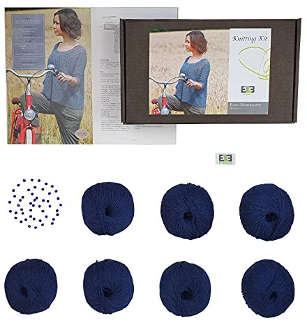 DesignEtte Strickset DIY Sommerpulli Butte Montmartre Strickset mit 7 Knäulen reiner Merino Wolle, incl. Perlen + Anleitung für 7 Dänische Strick und 2 Häkel Designs. Größe 2XL/3XL, Indigo.