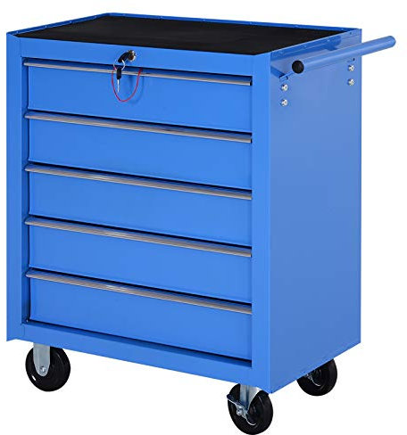 HOMCOM Carro Caja de Herramientas Taller Movil con 5 Cajones 4 Ruedas Chapa de Acero Azul
