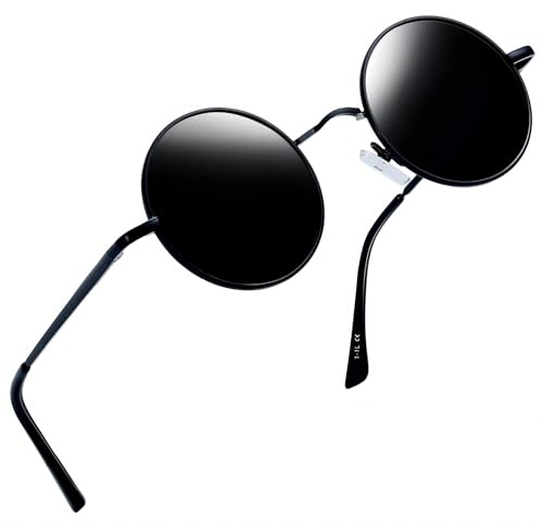 Joopin Runda Solglasögon Herr UV400-Skydd Polariserade Solglasögon Unisex und Retro Hippie Steampunk Män Vintage Round Sunglasses for Men and Women Svart Lins
