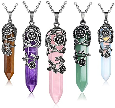 Top Plaza Antique Silver Flower Wrapped Natural Quartz Gemstone Healing Crystal Necklace 5pcs/Set
