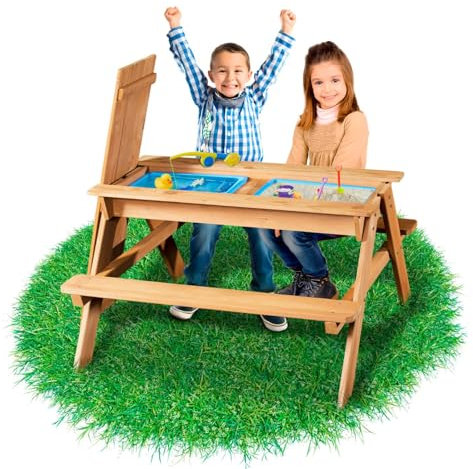 Coemo 2 in 1 Kindersitzgruppe aus Massivholz – Sand- und Wasserspieltisch für 4 – Matschküche – Kinder-Picknicktisch mit 2 Bänken – abnehmbare Wannen – Für drinnen & draußen